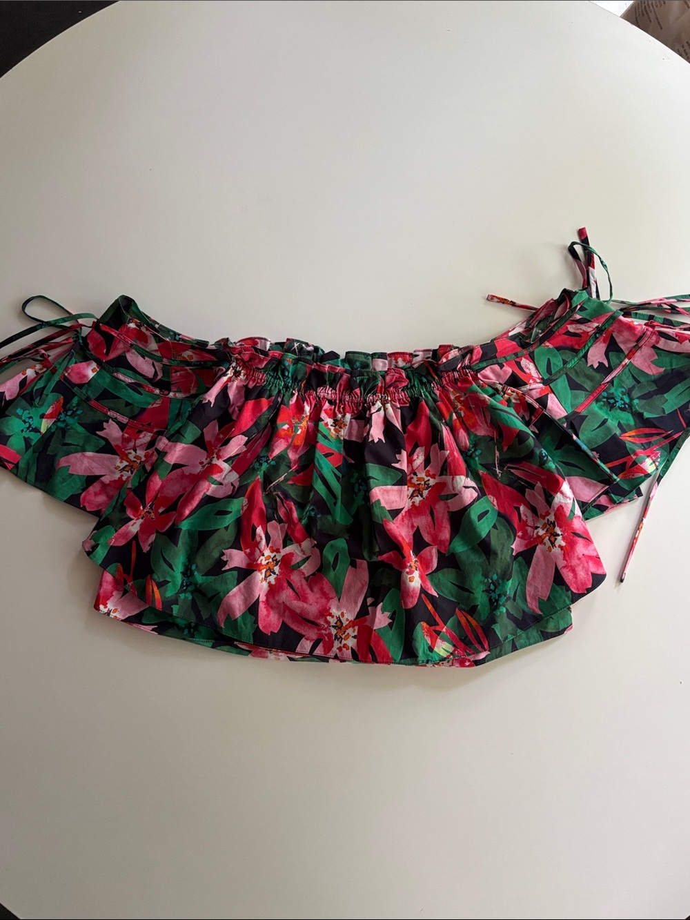 Marissa Webb Off Shoulder Floral Crop Top in Pink & Green